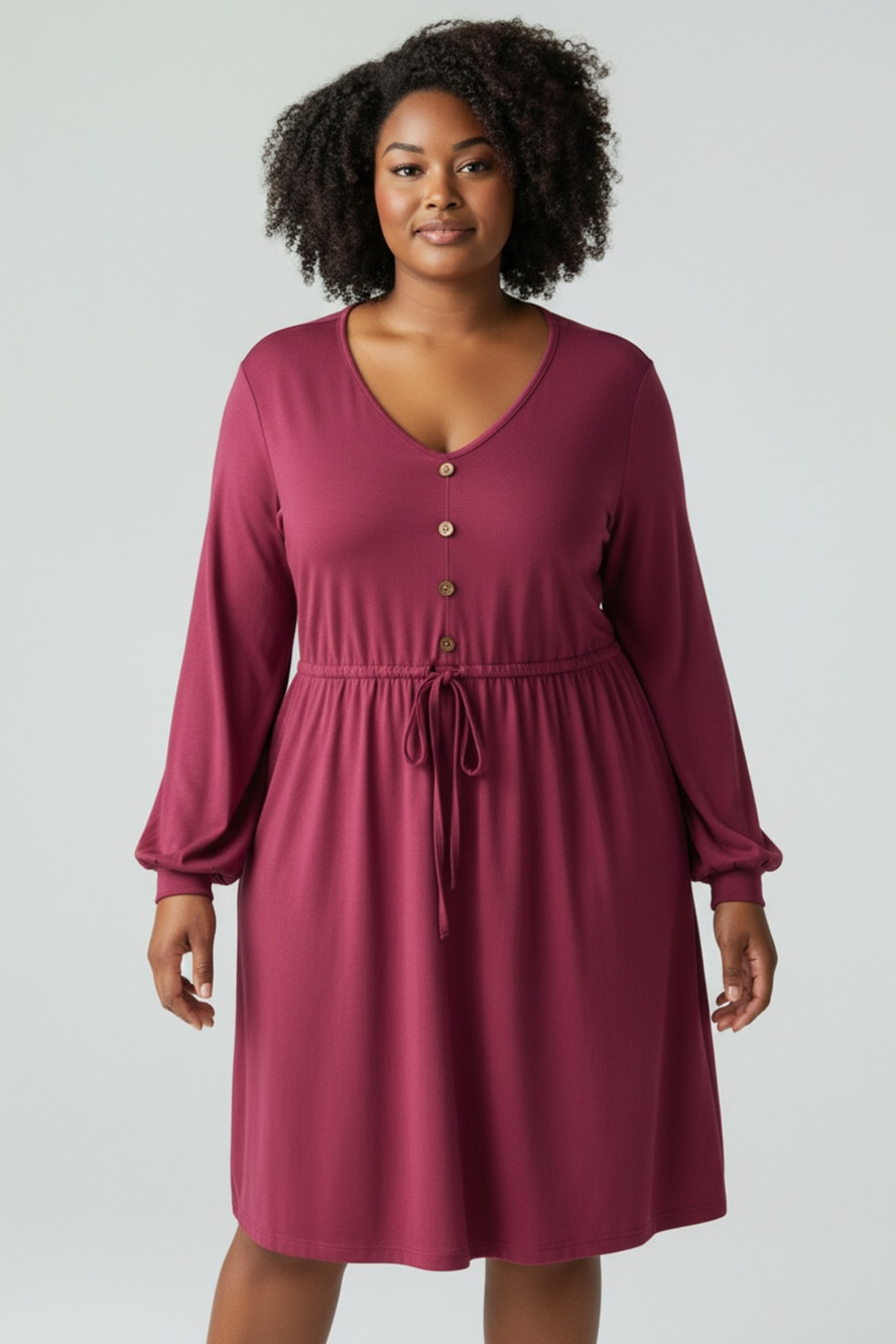 Women's Plus Size Burgundy Long Sleeve V-Neck Button Front Drawstring Midi Dress